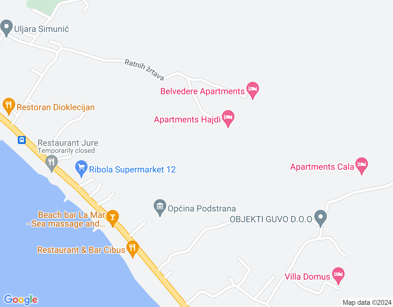 Beach, bars and restaurants are 10-15mins away by an easy walk. There are few markets and grocery shops (Ribola, Studenac, Tommy) 900 - 1000 meters from the apartment. - 43.48284 16.5608